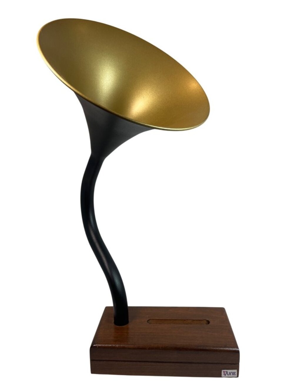 Vintage-Inspired Acoustic Amplifier With Wooden Base And Gold Horn For Smartphon
